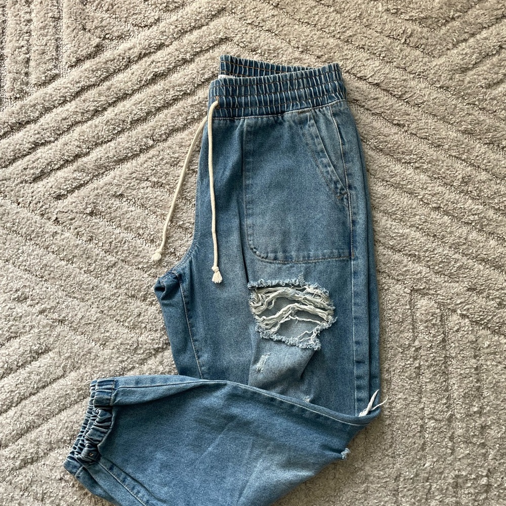 Stylish Blue Distressed Denim Jogger Pants